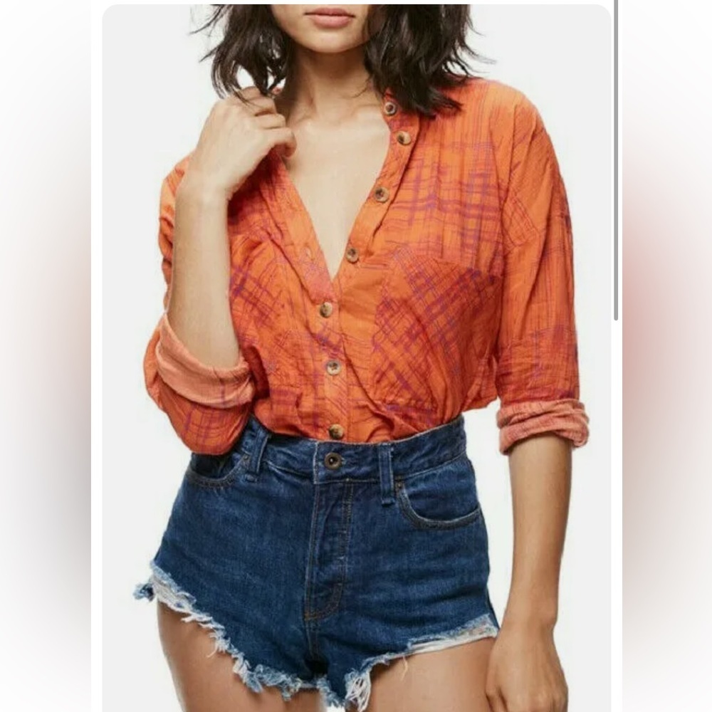 Free People Shore Vibes Button Down Shirt Flannel Coral Orange Plaid Small Boho
